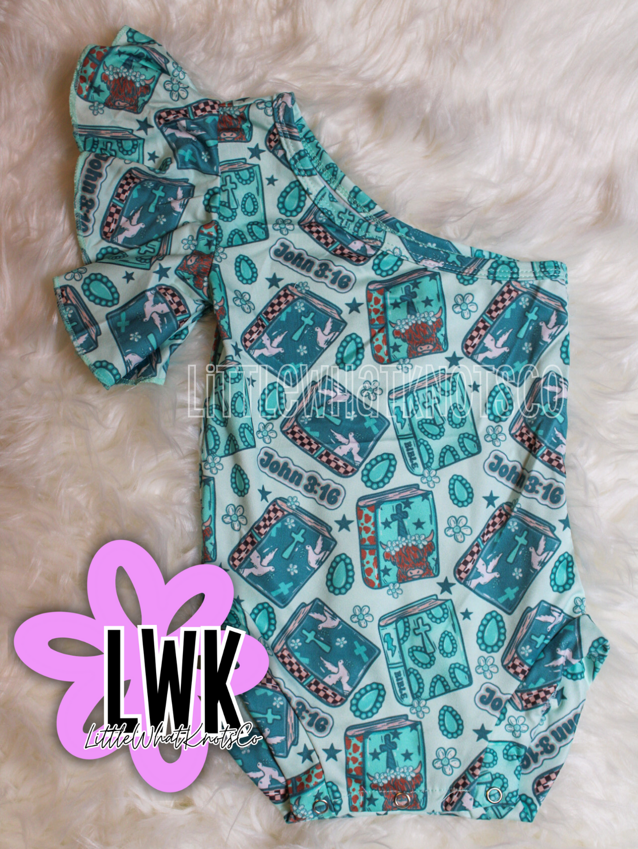 RTS Turq Bible Ruffle Bodysuit (Milk Silk)